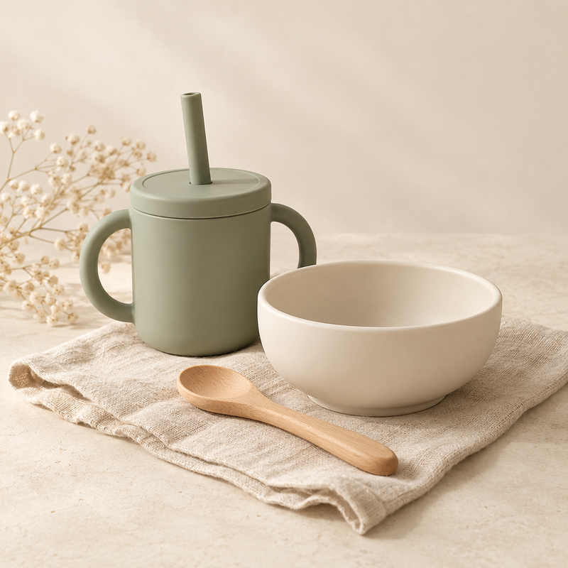 Trinkbecher mit Strohhalm, Schale und Holzlöffel auf einem Leinentuch